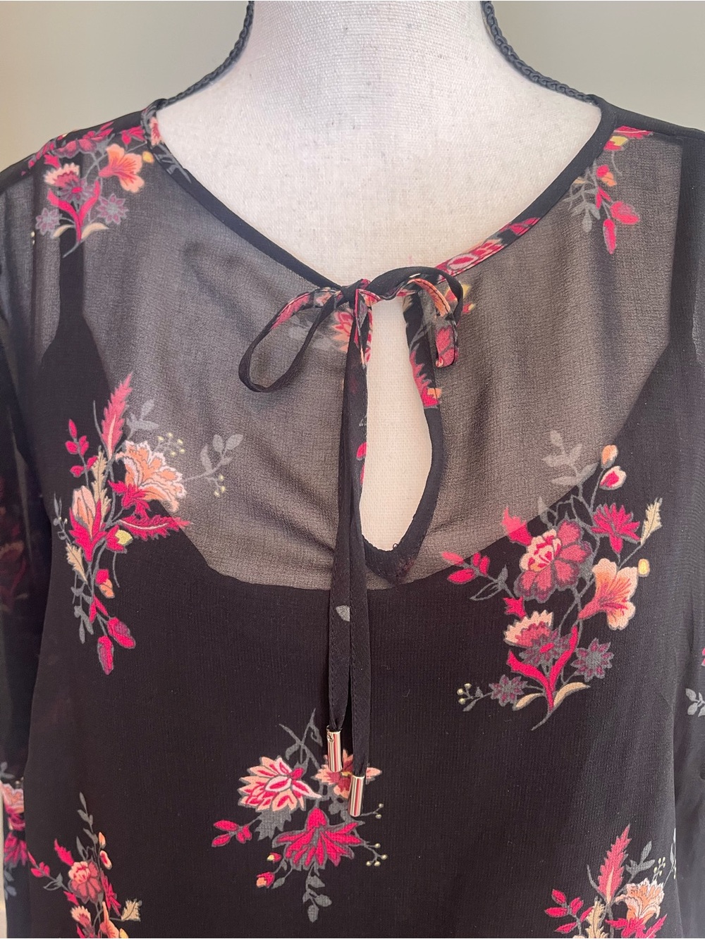 Black Sheer Floral Tie-Neck Dress with Pink & Coral Flowers